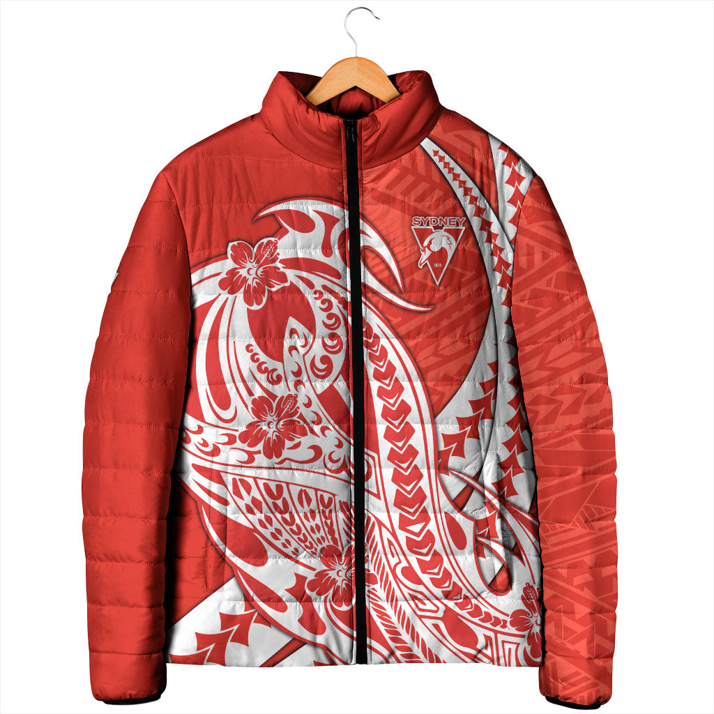 Personalized Sydney Swans Padded Jacket Polynesian Tribal Swan Mascot With Hibiscus Floral Art