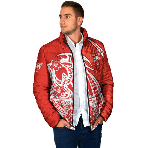Personalized Sydney Swans Padded Jacket Polynesian Tribal Swan Mascot With Hibiscus Floral Art