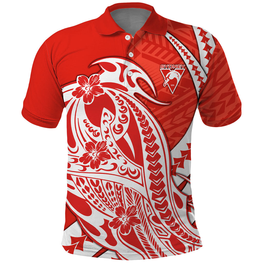 Personalized Sydney Swans Polo Shirt Polynesian Tribal Swan Mascot With Hibiscus Floral Art