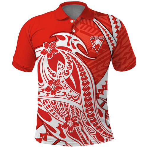 Personalized Sydney Swans Polo Shirt Polynesian Tribal Swan Mascot With Hibiscus Floral Art
