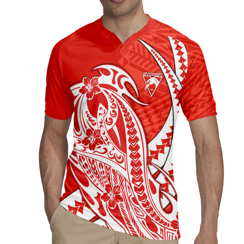 Personalized Sydney Swans Rugby Jersey Polynesian Tribal Swan Mascot With Hibiscus Floral Art