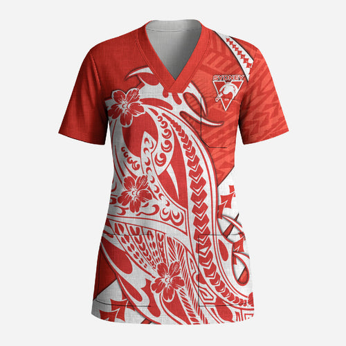 Personalized Sydney Swans Scrub Top Polynesian Tribal Swan Mascot With Hibiscus Floral Art