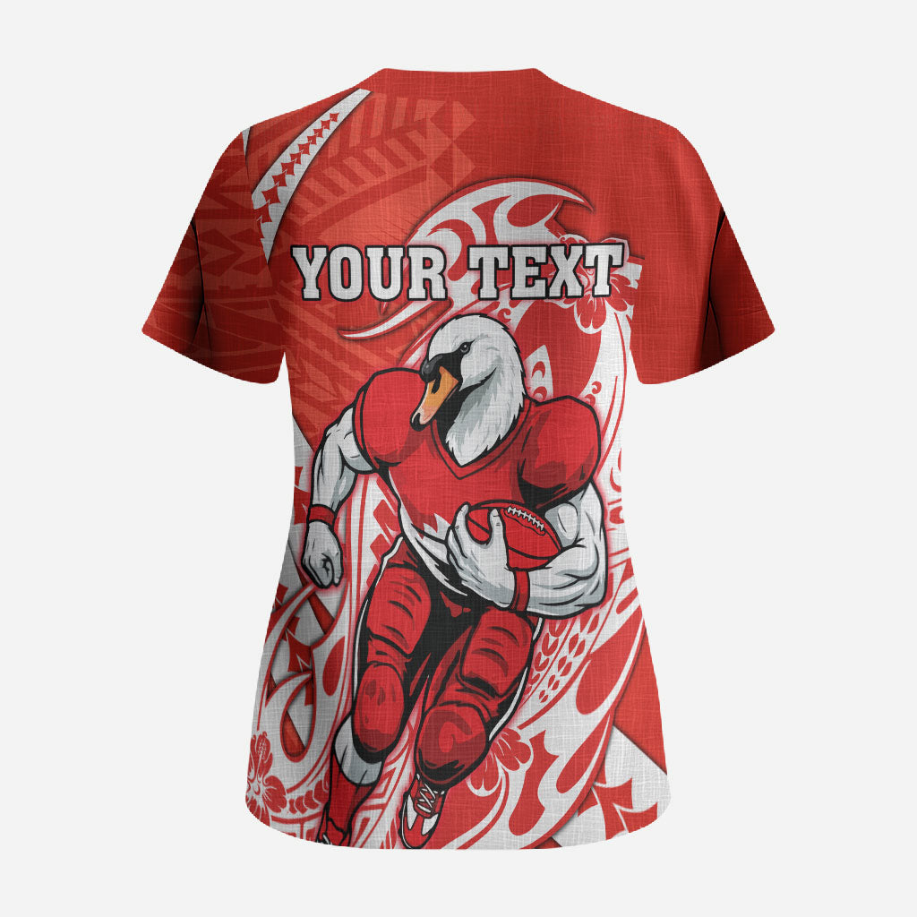 Personalized Sydney Swans Scrub Top Polynesian Tribal Swan Mascot With Hibiscus Floral Art