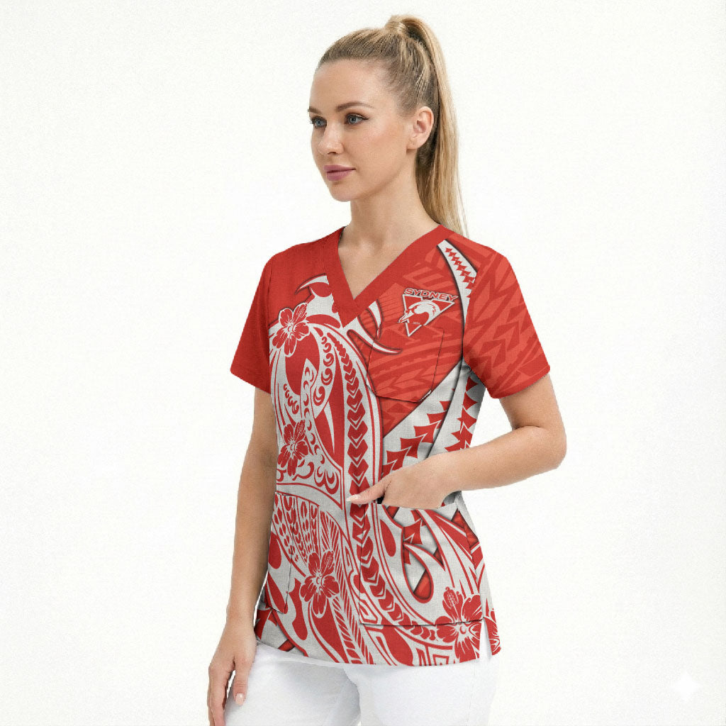 Personalized Sydney Swans Scrub Top Polynesian Tribal Swan Mascot With Hibiscus Floral Art