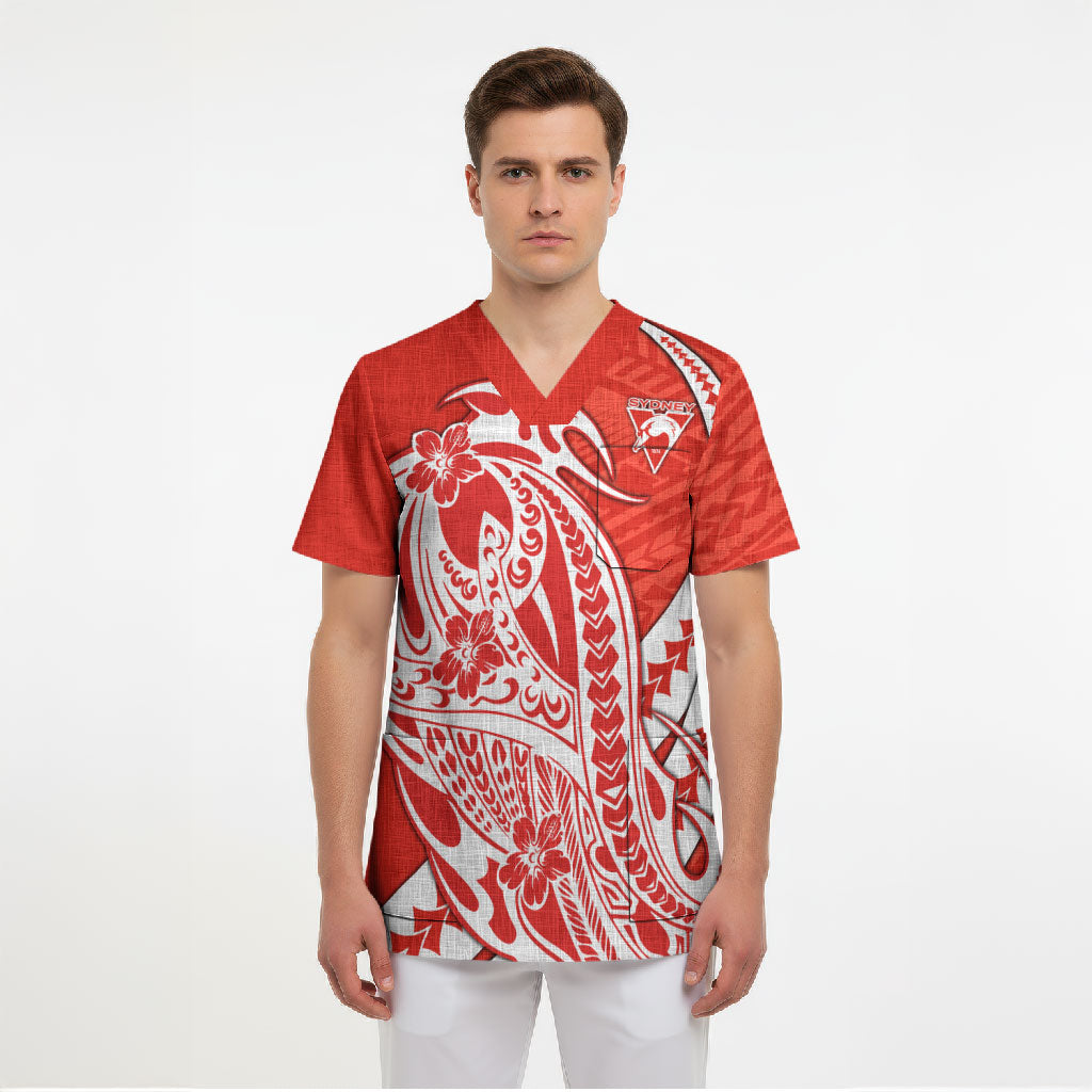 Personalized Sydney Swans Scrub Top Polynesian Tribal Swan Mascot With Hibiscus Floral Art
