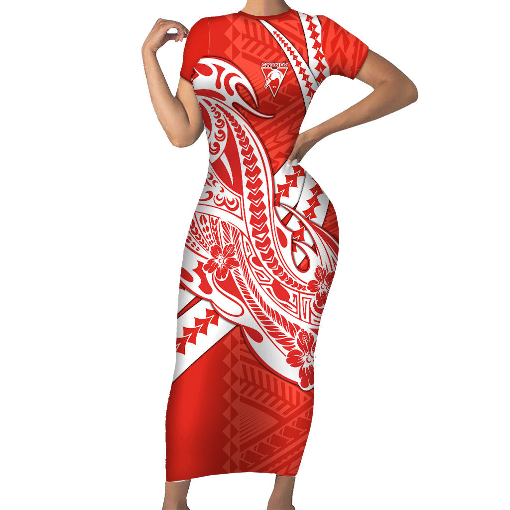 Personalized Sydney Swans Short Sleeve Bodycon Dress Polynesian Tribal Swan Mascot With Hibiscus Floral Art