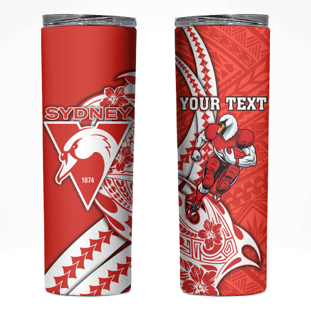 Personalized Sydney Swans Skinny Tumbler Polynesian Tribal Swan Mascot With Hibiscus Floral Art
