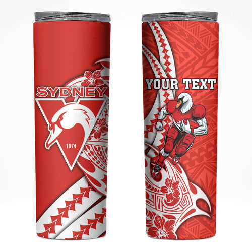 Personalized Sydney Swans Skinny Tumbler Polynesian Tribal Swan Mascot With Hibiscus Floral Art