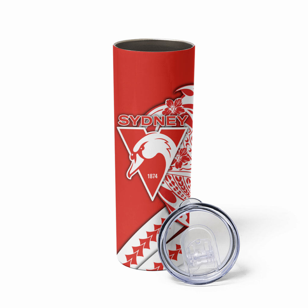 Personalized Sydney Swans Skinny Tumbler Polynesian Tribal Swan Mascot With Hibiscus Floral Art