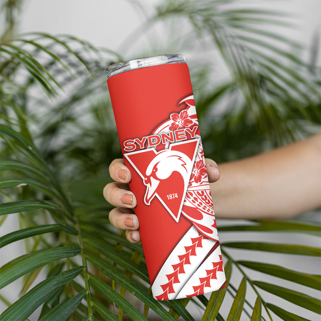 Personalized Sydney Swans Skinny Tumbler Polynesian Tribal Swan Mascot With Hibiscus Floral Art