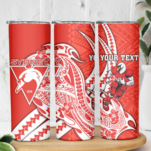 Personalized Sydney Swans Skinny Tumbler Polynesian Tribal Swan Mascot With Hibiscus Floral Art