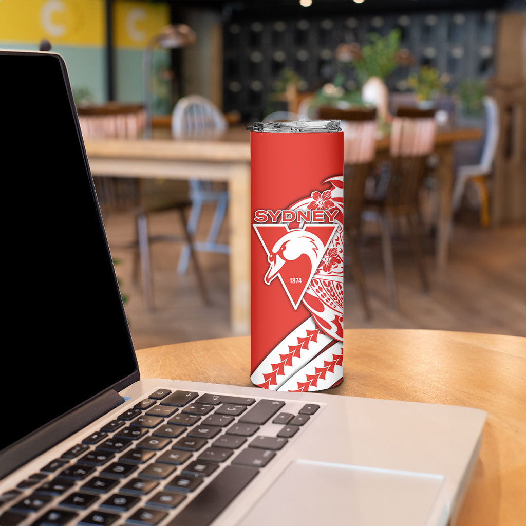 Personalized Sydney Swans Skinny Tumbler Polynesian Tribal Swan Mascot With Hibiscus Floral Art