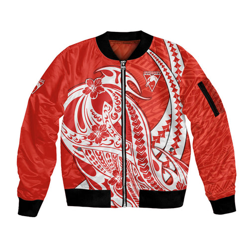 Personalized Sydney Swans Sleeve Zip Bomber Jacket Polynesian Tribal Swan Mascot With Hibiscus Floral Art