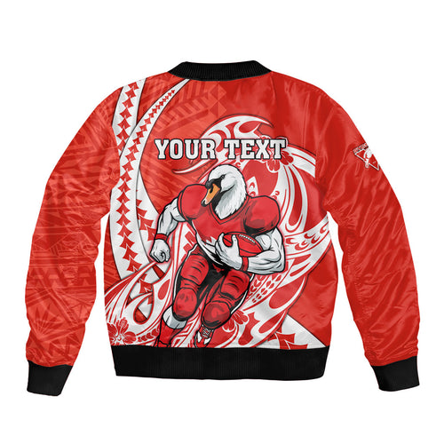 Personalized Sydney Swans Sleeve Zip Bomber Jacket Polynesian Tribal Swan Mascot With Hibiscus Floral Art