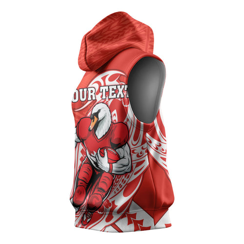 Personalized Sydney Swans Sleeveless Hoodie Polynesian Tribal Swan Mascot With Hibiscus Floral Art