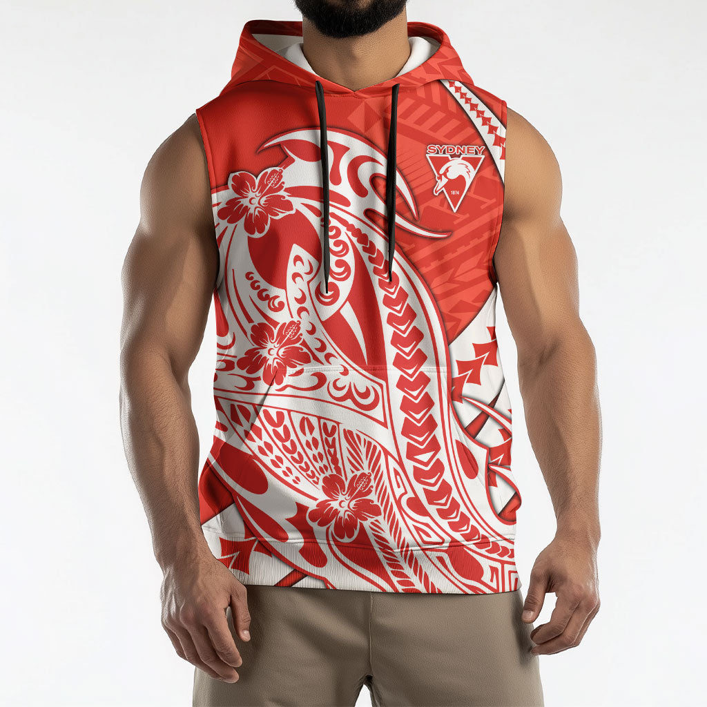 Personalized Sydney Swans Sleeveless Hoodie Polynesian Tribal Swan Mascot With Hibiscus Floral Art