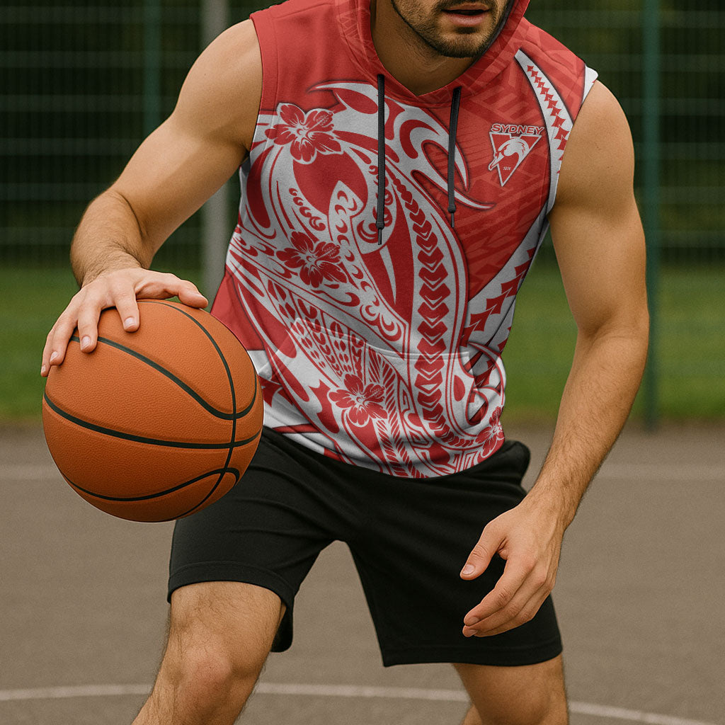 Personalized Sydney Swans Sleeveless Hoodie Polynesian Tribal Swan Mascot With Hibiscus Floral Art