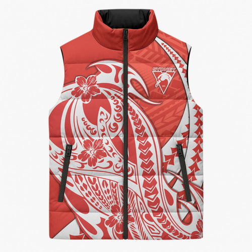 Personalized Sydney Swans Sleeveless Puffer Jacket Polynesian Tribal Swan Mascot With Hibiscus Floral Art