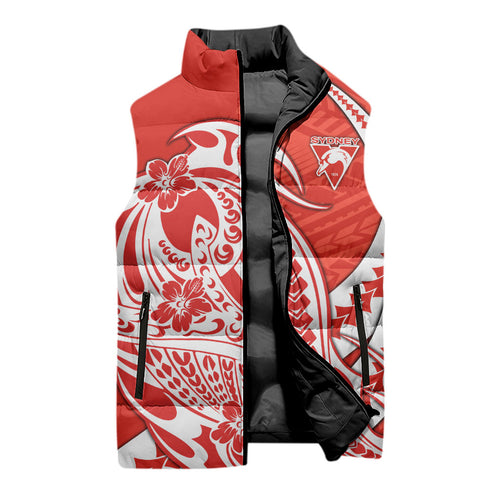 Personalized Sydney Swans Sleeveless Puffer Jacket Polynesian Tribal Swan Mascot With Hibiscus Floral Art