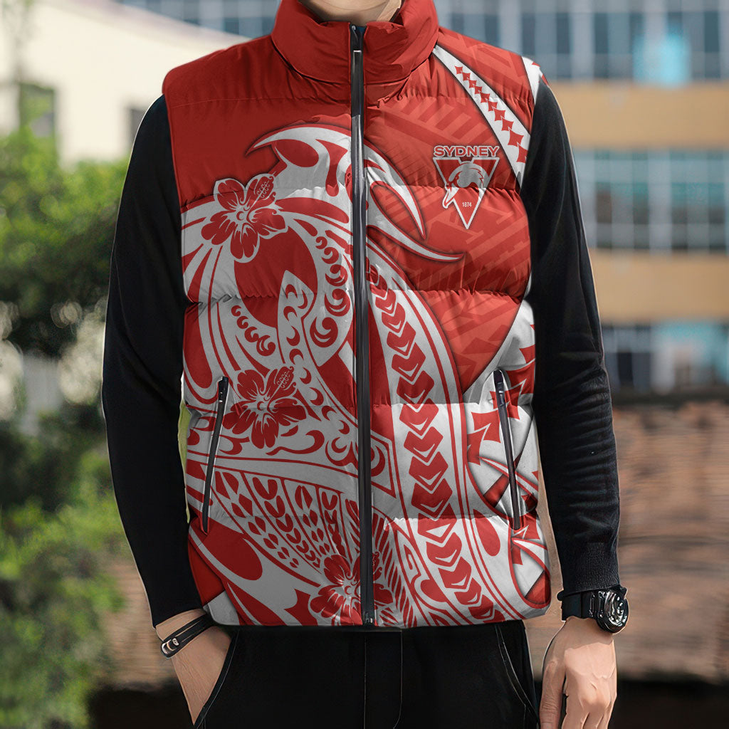 Personalized Sydney Swans Sleeveless Puffer Jacket Polynesian Tribal Swan Mascot With Hibiscus Floral Art