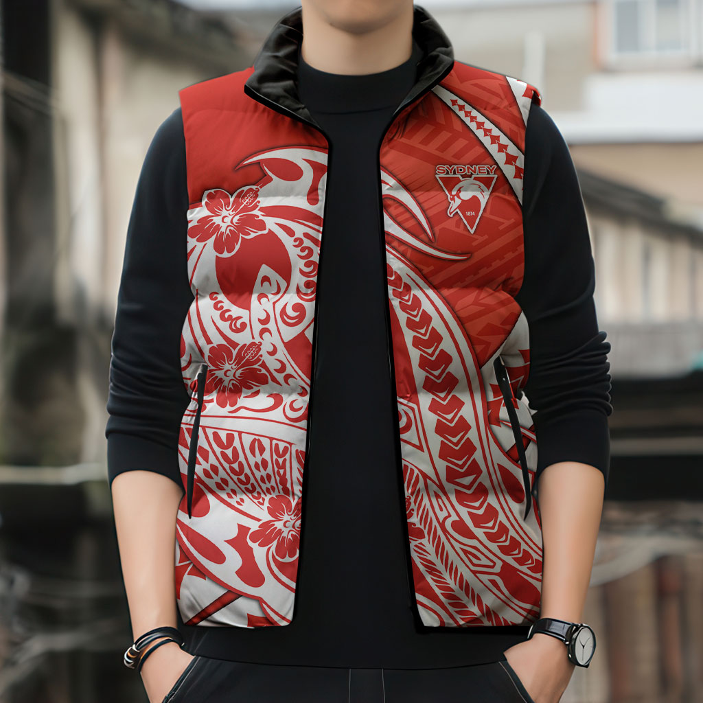 Personalized Sydney Swans Sleeveless Puffer Jacket Polynesian Tribal Swan Mascot With Hibiscus Floral Art