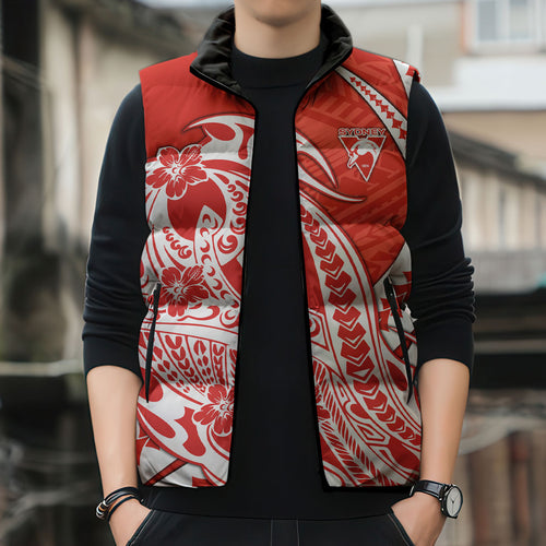 Personalized Sydney Swans Sleeveless Puffer Jacket Polynesian Tribal Swan Mascot With Hibiscus Floral Art
