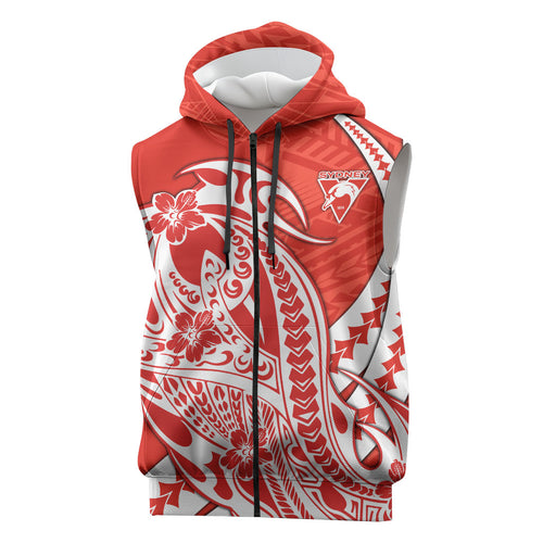 Personalized Sydney Swans Sleeveless Zip Hoodie Polynesian Tribal Swan Mascot With Hibiscus Floral Art