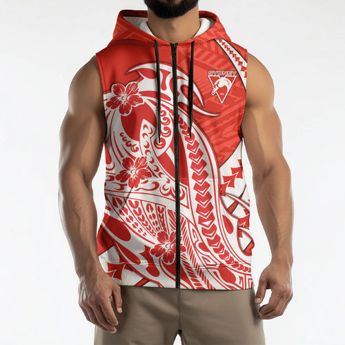 Personalized Sydney Swans Sleeveless Zip Hoodie Polynesian Tribal Swan Mascot With Hibiscus Floral Art