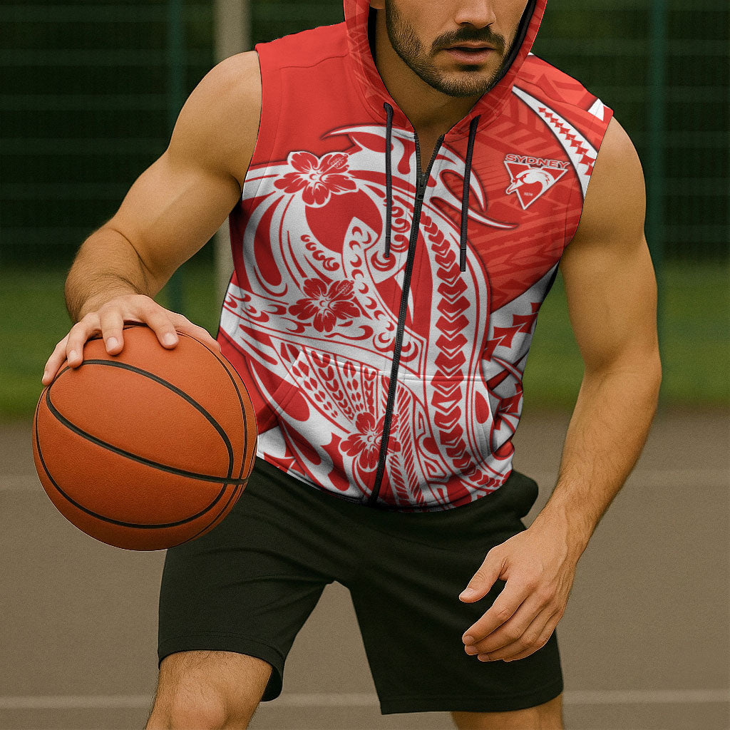 Personalized Sydney Swans Sleeveless Zip Hoodie Polynesian Tribal Swan Mascot With Hibiscus Floral Art