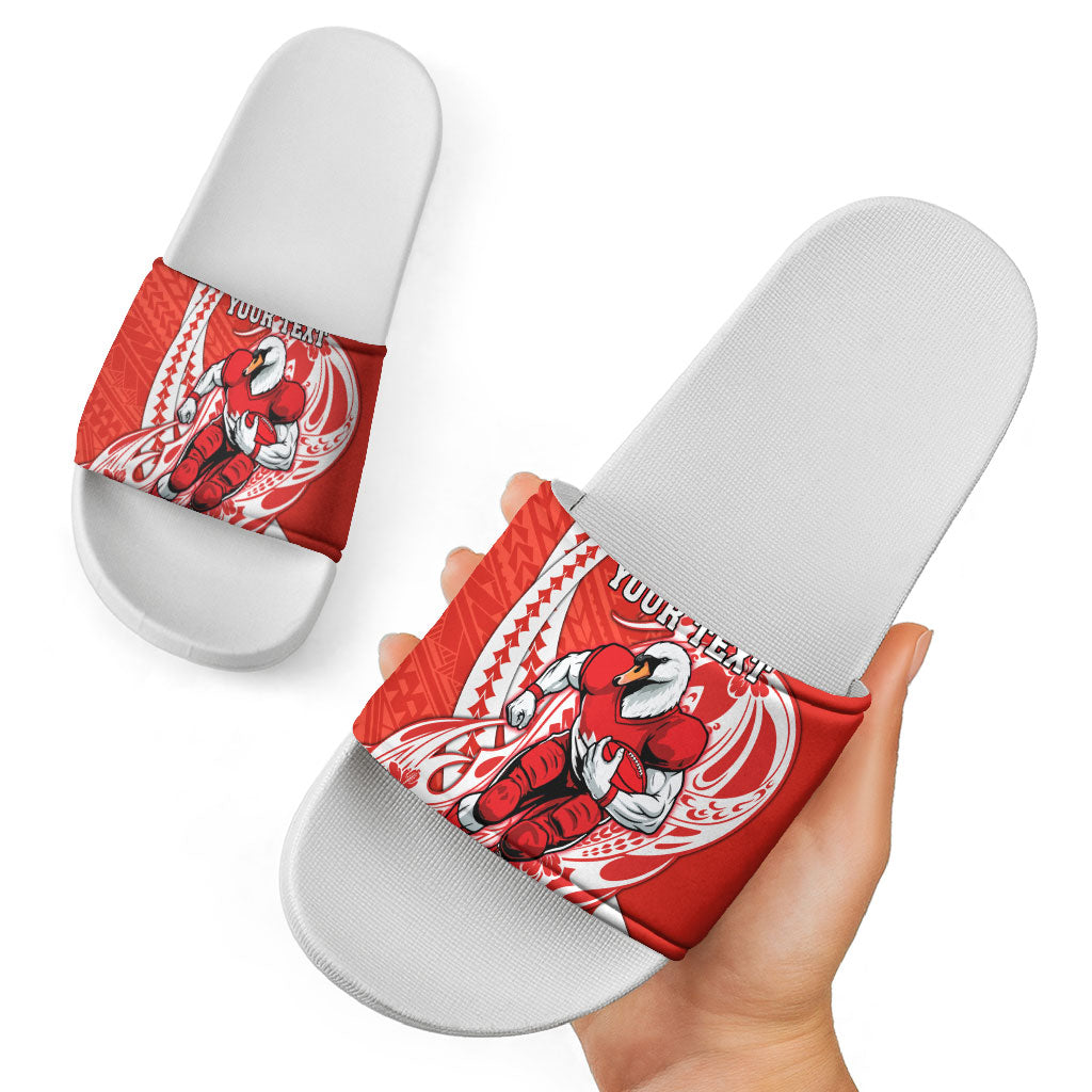 Personalized Sydney Swans Slide Sandals Polynesian Tribal Swan Mascot With Hibiscus Floral Art