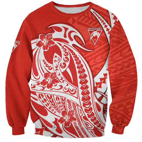 Personalized Sydney Swans Sweatshirt Polynesian Tribal Swan Mascot With Hibiscus Floral Art