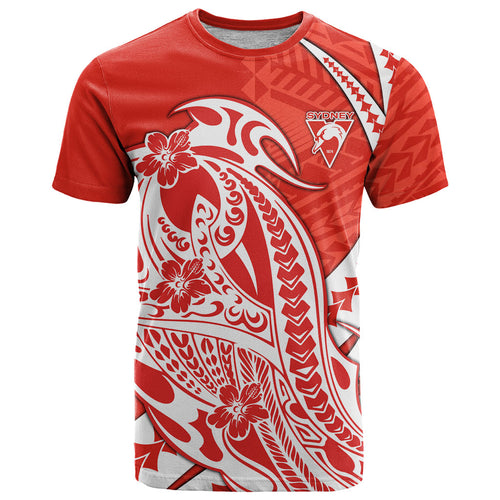 Personalized Sydney Swans T Shirt Polynesian Tribal Swan Mascot With Hibiscus Floral Art
