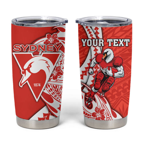 Personalized Sydney Swans Tumbler Cup Polynesian Tribal Swan Mascot With Hibiscus Floral Art
