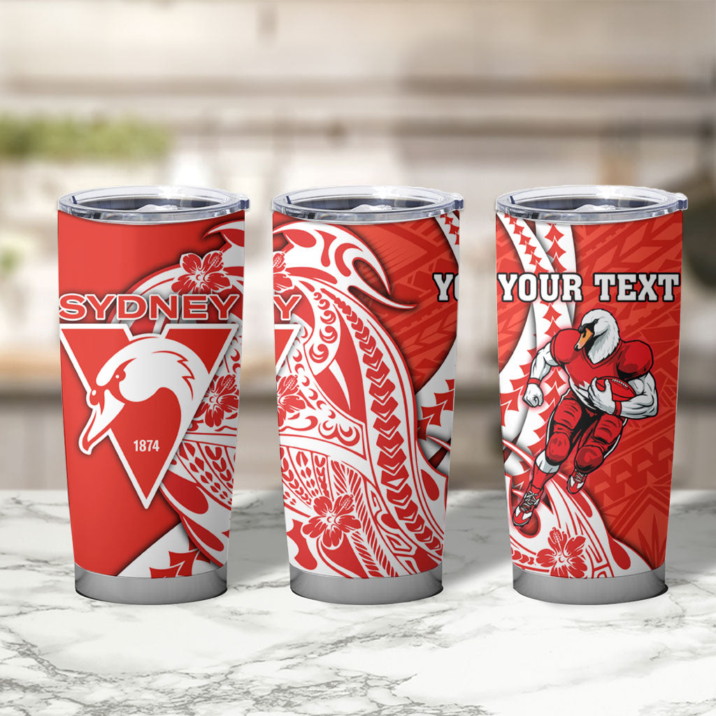 Personalized Sydney Swans Tumbler Cup Polynesian Tribal Swan Mascot With Hibiscus Floral Art