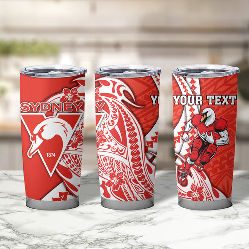 Personalized Sydney Swans Tumbler Cup Polynesian Tribal Swan Mascot With Hibiscus Floral Art