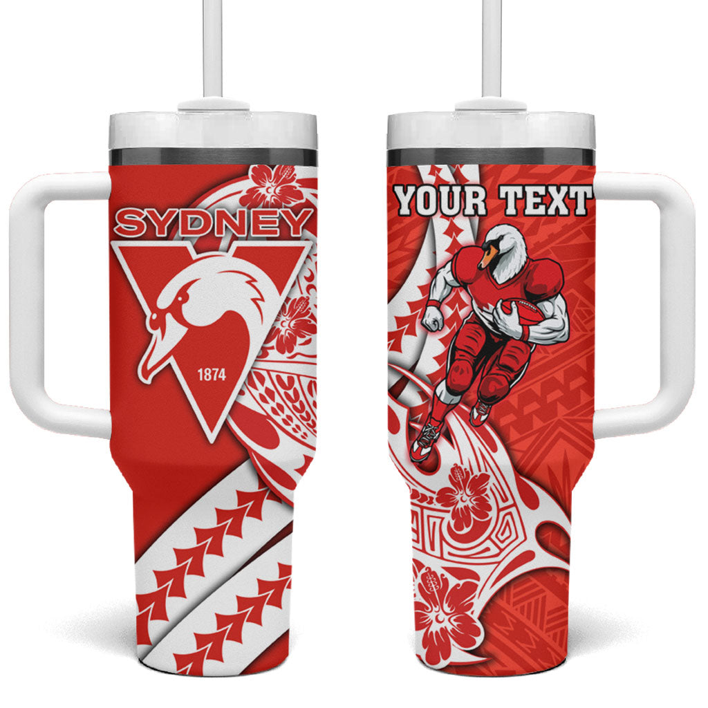 Personalized Sydney Swans Tumbler With Handle Polynesian Tribal Swan Mascot With Hibiscus Floral Art