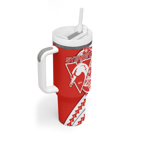 Personalized Sydney Swans Tumbler With Handle Polynesian Tribal Swan Mascot With Hibiscus Floral Art