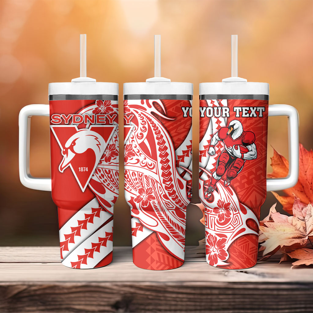 Personalized Sydney Swans Tumbler With Handle Polynesian Tribal Swan Mascot With Hibiscus Floral Art