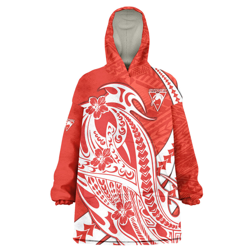 Personalized Sydney Swans Wearable Blanket Hoodie Polynesian Tribal Swan Mascot With Hibiscus Floral Art