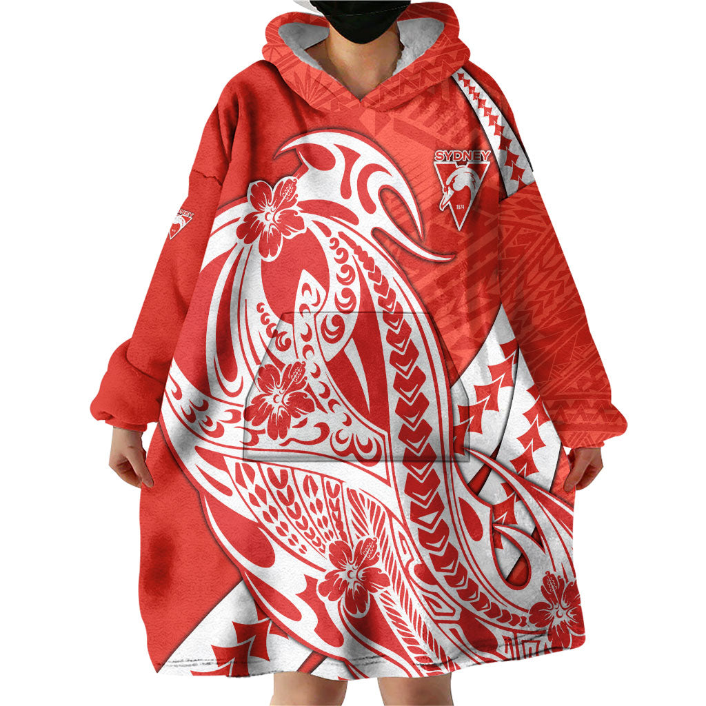 Personalized Sydney Swans Wearable Blanket Hoodie Polynesian Tribal Swan Mascot With Hibiscus Floral Art