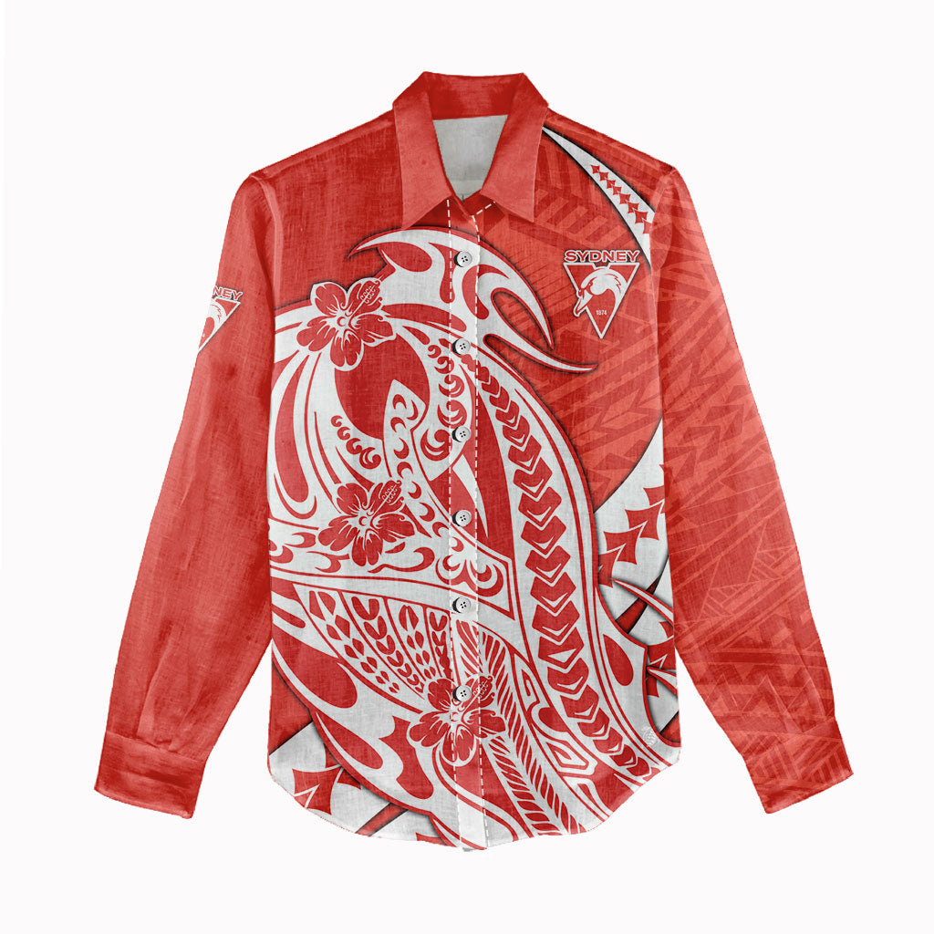 Personalized Sydney Swans Women Casual Shirt Polynesian Tribal Swan Mascot With Hibiscus Floral Art