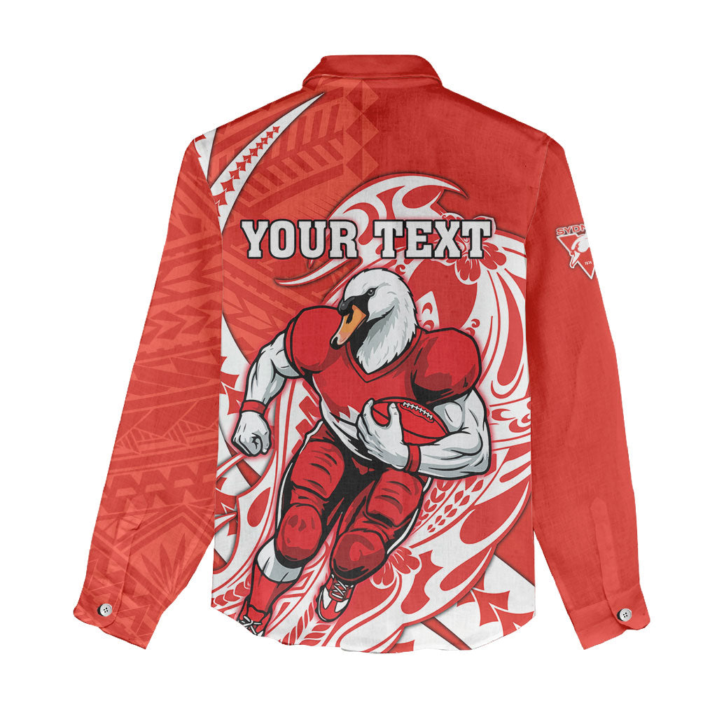 Personalized Sydney Swans Women Casual Shirt Polynesian Tribal Swan Mascot With Hibiscus Floral Art
