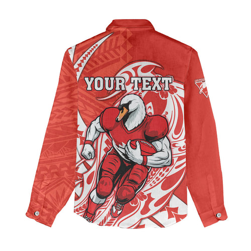 Personalized Sydney Swans Women Casual Shirt Polynesian Tribal Swan Mascot With Hibiscus Floral Art