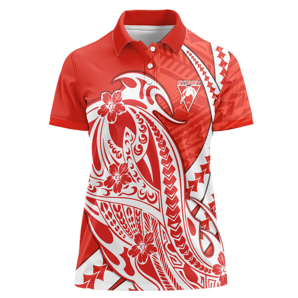 Personalized Sydney Swans Women Polo Shirt Polynesian Tribal Swan Mascot With Hibiscus Floral Art