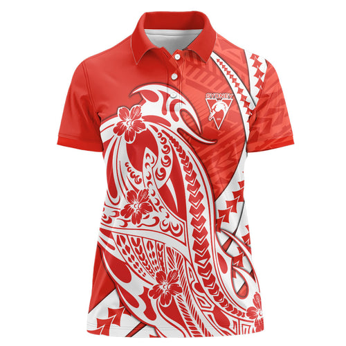 Personalized Sydney Swans Women Polo Shirt Polynesian Tribal Swan Mascot With Hibiscus Floral Art