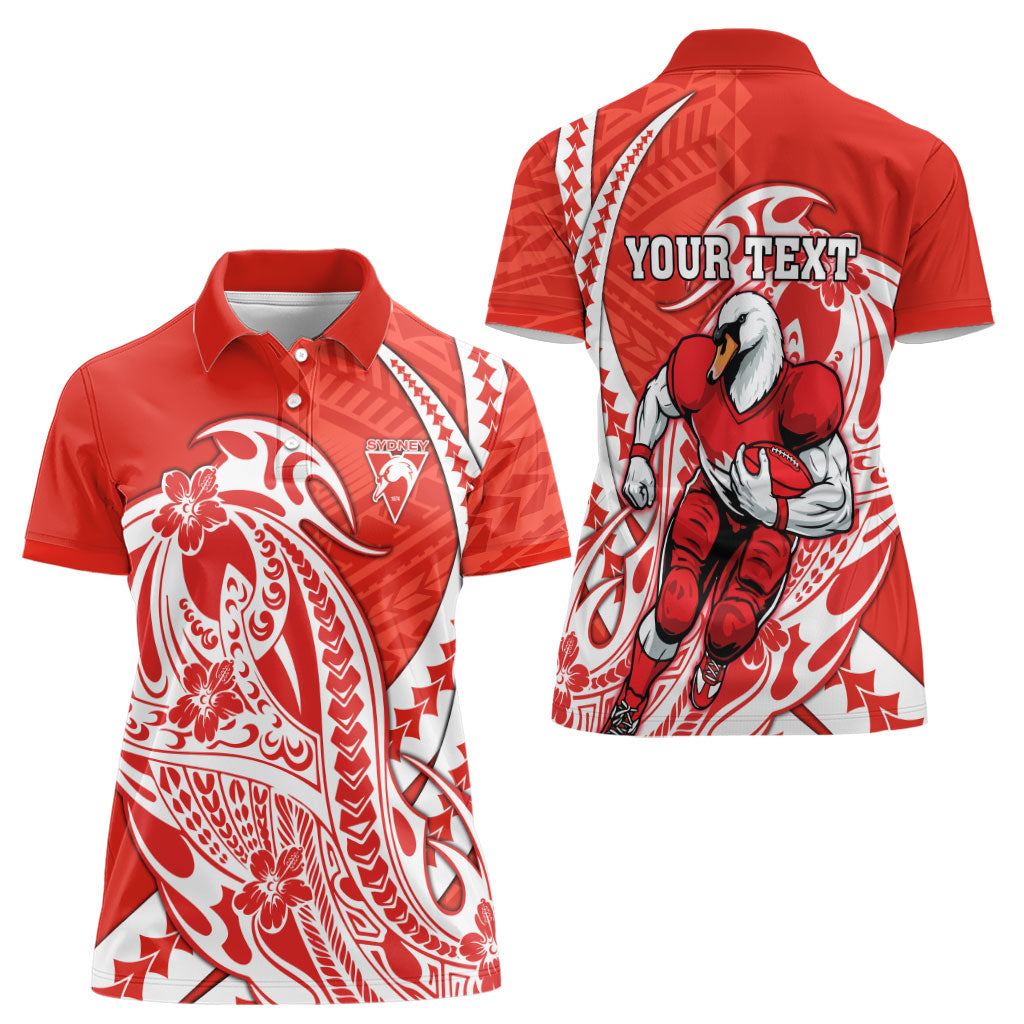 Personalized Sydney Swans Women Polo Shirt Polynesian Tribal Swan Mascot With Hibiscus Floral Art