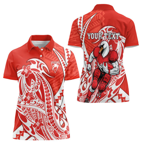 Personalized Sydney Swans Women Polo Shirt Polynesian Tribal Swan Mascot With Hibiscus Floral Art