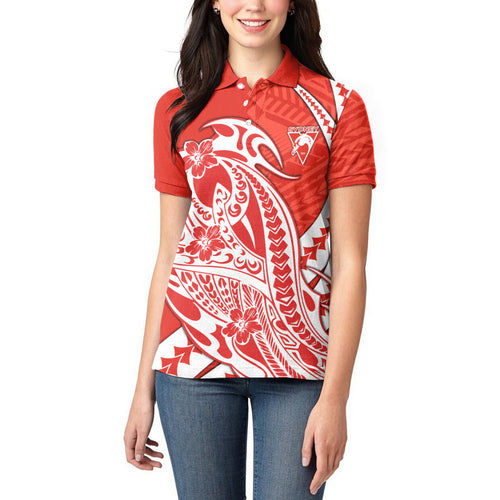 Personalized Sydney Swans Women Polo Shirt Polynesian Tribal Swan Mascot With Hibiscus Floral Art