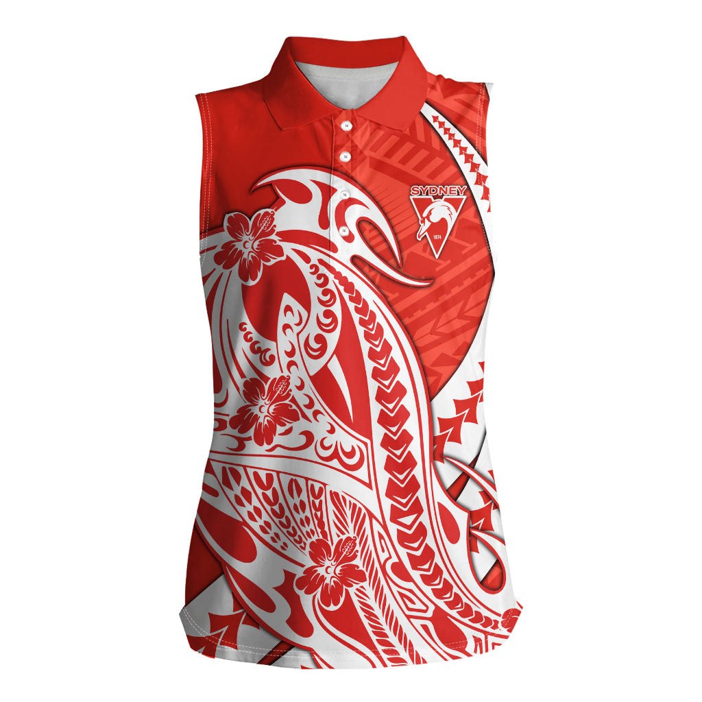 Personalized Sydney Swans Women Sleeveless Polo Shirt Polynesian Tribal Swan Mascot With Hibiscus Floral Art
