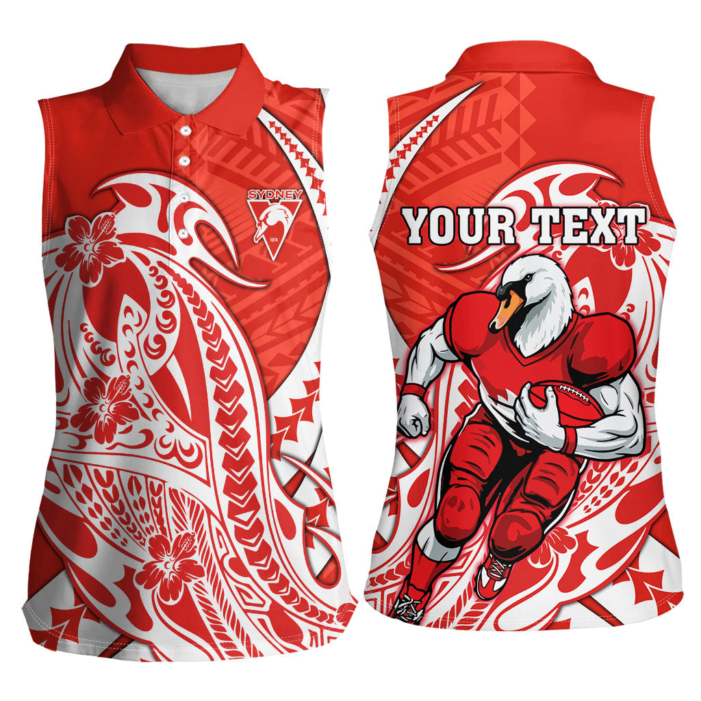 Personalized Sydney Swans Women Sleeveless Polo Shirt Polynesian Tribal Swan Mascot With Hibiscus Floral Art